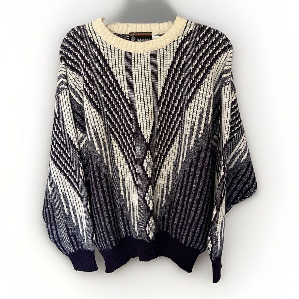 Vintage 1980s London Fog abstract geometric knit sweat Wool Blend Purple Gray